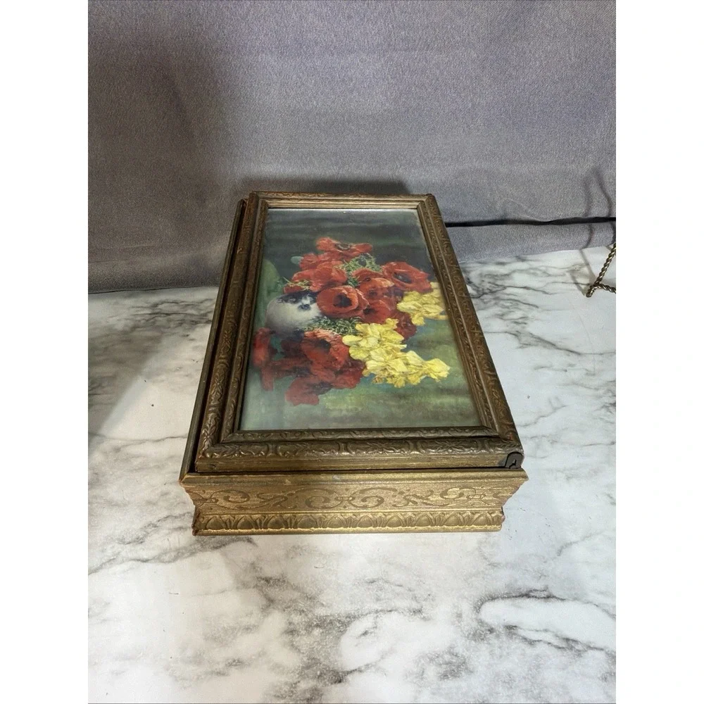 Really Old Wooden Jewelry Box With Mirror Floral Glass Top (A3195)